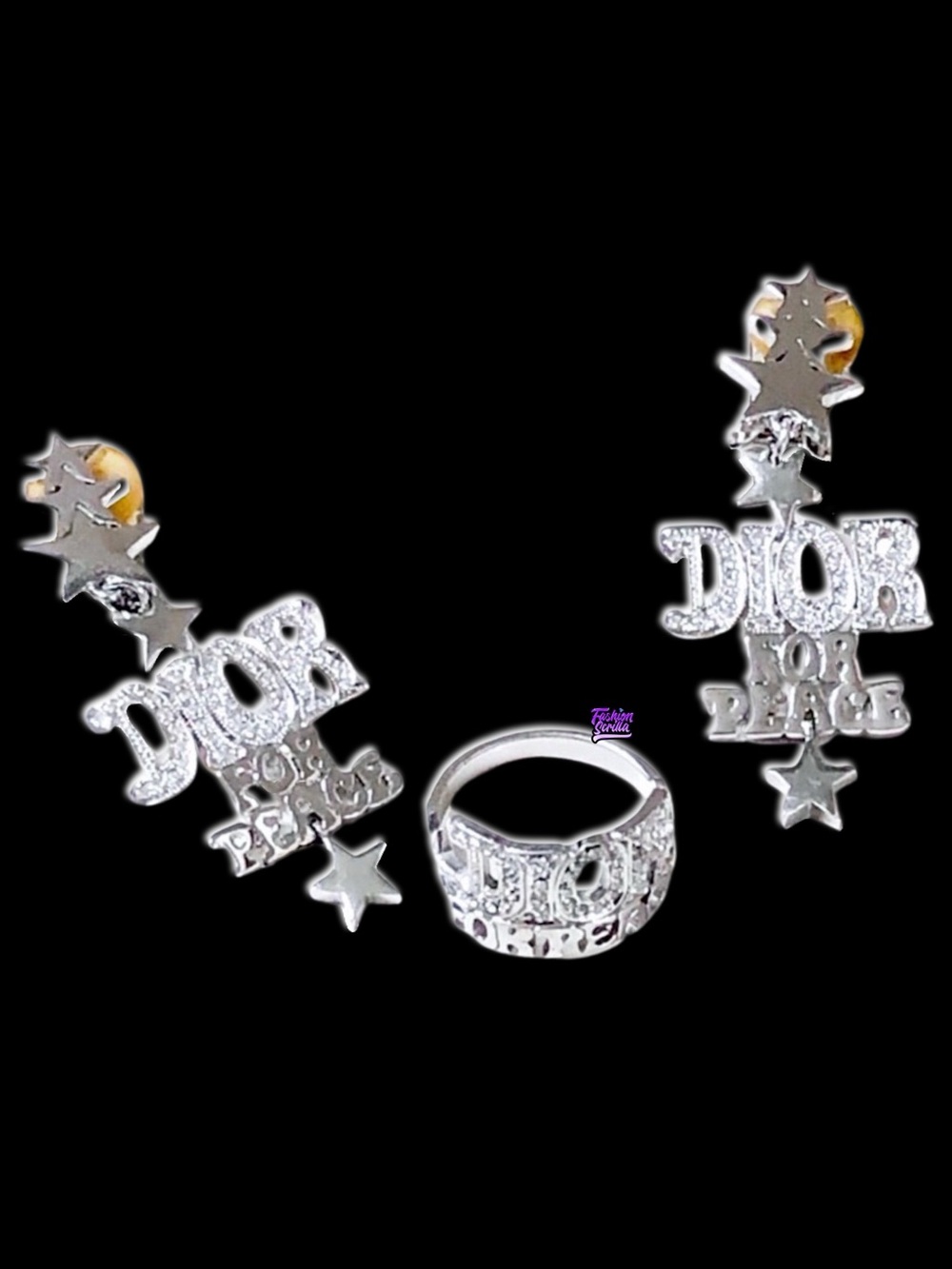 Vintage Christian Dior 70’s Silver Diamanté Crystal Dior For Peace Logo Earrings - Picture 12 of 17